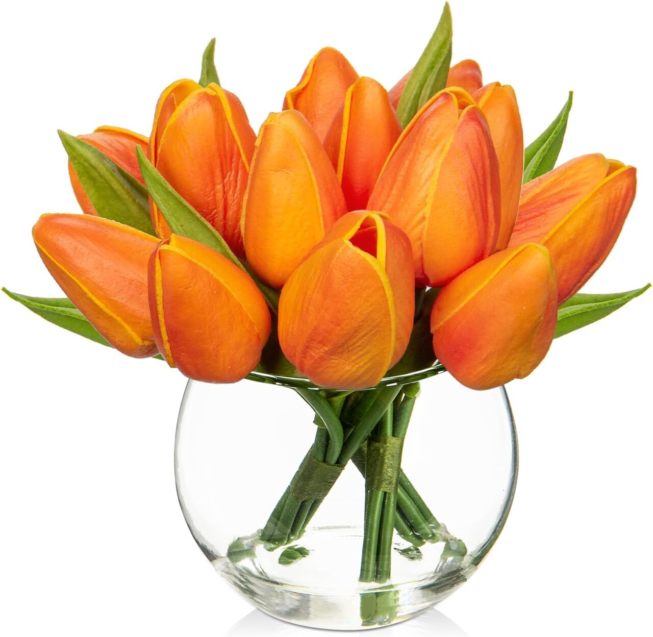 Artificial Orange Tulips in Vase with Faux Water 6" Real Touch Flowers Fake Tulips Small Flowers Arrangement in Round Glass Vase for Mother's Day Table Centerpiece Wedding Home Decor